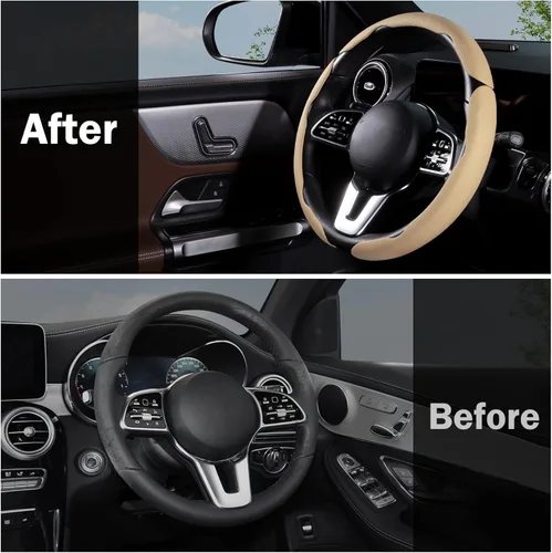 Miniatura 7 de Funda para volante de coche de piel con cierre de presión 3 piezas, antideslizante, protector envolvente, accesorios para volante, 36.8-38 cm