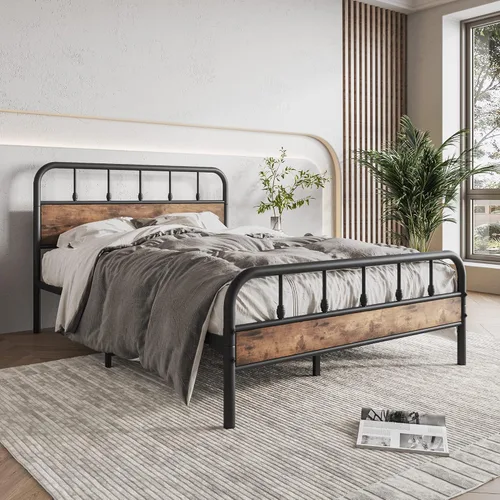 Miniatura 9 de Base de cama de metal con listones de acero resistente, tablero de mesa y estribo, no necesita somier, fácil montaje para sala de estar