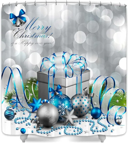 Miniatura 3 de DYNH Cortina de ducha navideña, feliz Navidad, bola y caja de Navidad plateada y azul para cortinas de baño de Año Nuevo, cortina de ducha de tela