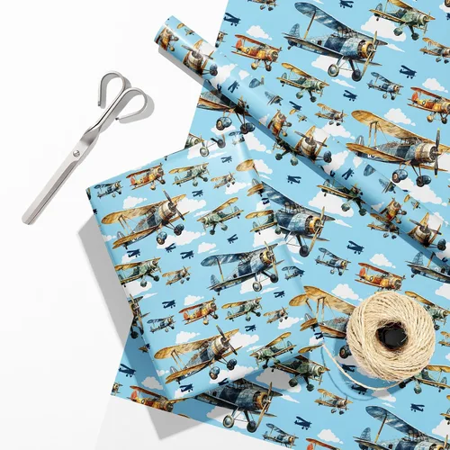 Miniatura 3 de Dtiafu Rollo de papel de regalo de avión – Envoltura de regalo de aviones vintage con diseño de nube de cielo azul para niños, baby shower