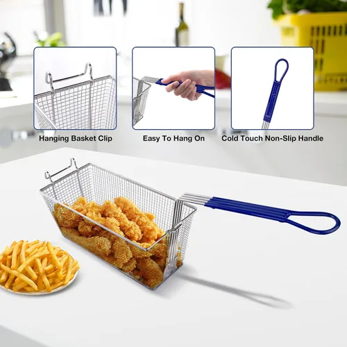 Miniatura 4 de Paquete de 4 cestas de acero inoxidable para freidora con asas antideslizantes, 13.25 x 6.5 x 6 pulgadas, cestas de papas fritas de grado comercial