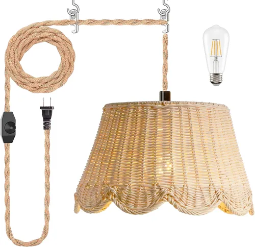 Miniatura 2 de Lámpara colgante enchufable con bordes ondulados, luces colgantes de ratán con cable enchufable de 15 pies de cuerda de cáñamo, interruptor