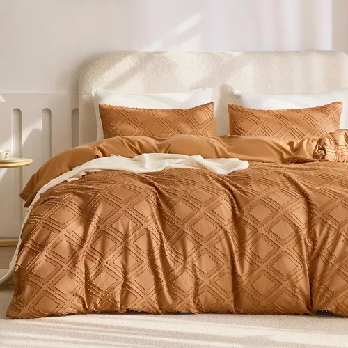 JELLYMONI|Juego de funda de edredón naranja oscuro, queen, de microfibra estilo capitoné, texturizado, bohemio, patrón geométrico de rombos jacquard