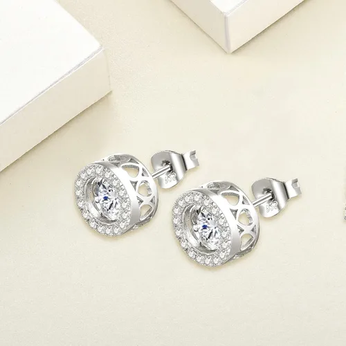 Miniatura 5 de YL Aretes redondos de plata de ley con forma de halo y diamante bailarín, aretes solitarios para mujer