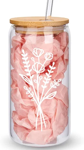 Bonitas tazas de vidrio con tapas y pajitas, taza de café helado estética, tazas de flores, vaso personalizado con pajilla, regalos de cumpleaños