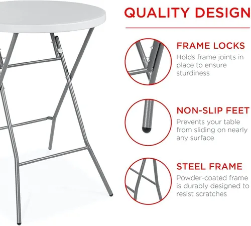 Miniatura 7 de PRO&Family Mesa portátil plegable plástica redonda de 32 pulgadas, blanca, altura superior de la barra de la tabla para los acontecimientos