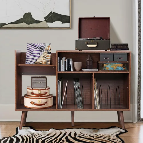 Miniatura 6 de QHITTY Soporte para tocadiscos, mesa moderna de mediados de siglo con patas de madera, soporte giratorio para discos con capacidad para hasta 300