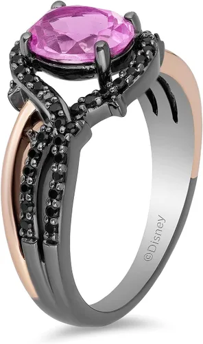 Miniatura 4 de Jewelili Enchanted Disney Fine Jewelry - Anillo de oro rosa de 14 quilates sobre plata esterlina con rodio negro ovalado zafiro rosa creado y 14