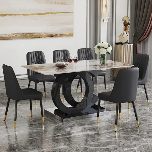 Miniatura 2 de Juego de mesa de comedor MUUOKY para 6, mesa de cocina y sillas para 6, tapa de mesa de piedra sinterizada con 6 sillas de comedor modernas Mesa