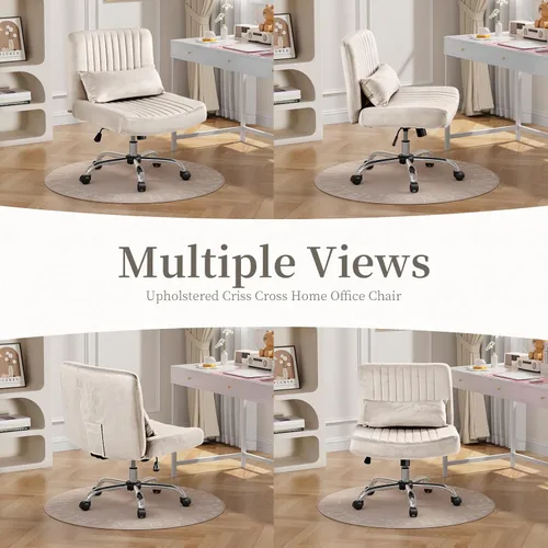 Miniatura 10 de Silla de oficina de terciopelo, silla cruzada de lujo con ruedas, cómoda silla de escritorio con patas cruzadas para oficina en casa, silla de Beige