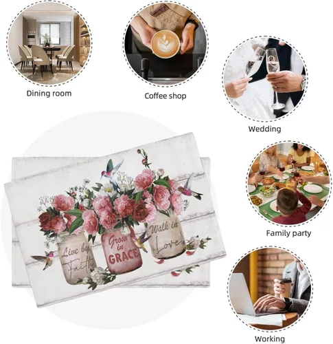 Miniatura 8 de Juego de 4 manteles individuales con diseño de flores y rosas, manteles individuales lavables para decoración del hogar, fiesta, interior, cocina
