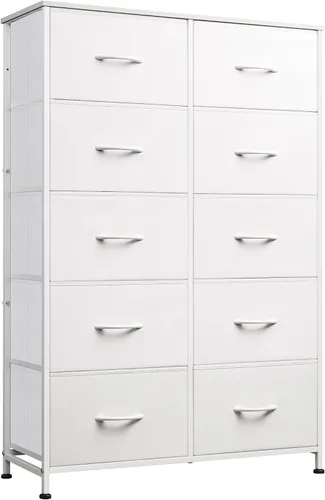 WLIVE Cómoda de Tela para Dormitorio con 10 Cajones, Cómoda Alta con Cajones, Cómodas Blancas Muebles de Dormitorio, Unidad Organizadora de Blanco