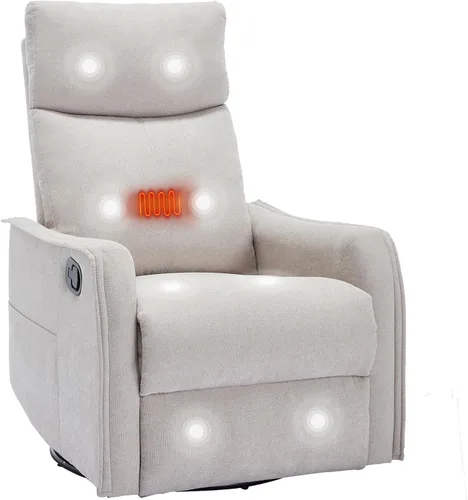 PELUMY Silla Reclinable Mecedora Giratoria 360 para Adultos, Silla Mecedora de Guardería con Calor y Masaje, Silla Reclinable Deslizante para Beige