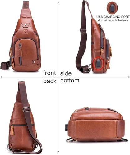 Miniatura 3 de BULLCAPTAIN Bolso bandolera de cuero para hombre, bolsa cruzada de viaje, mochila de senderismo con puerto de carga USB, varios bolsillos