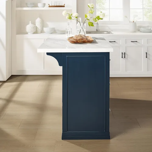 Miniatura 10 de Crosley Furniture Cutler - Isla de cocina con parte superior de mármol sintético con almacenamiento, barra de desayuno, soporte para microondas