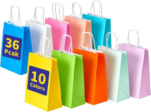 XEMGUE Paquete de 36 bolsas de regalo pequeñas con asas, 10 coloridas bolsas de papel para recuerdos de fiesta de cumpleaños de niños, baby shower,