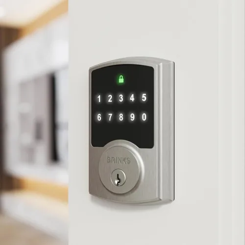 Brinks Cerradura electrónica de puerta con panel táctil sin llave, níquel satinado, cerrojo retroiluminado con teclado con seguridad avanzada,