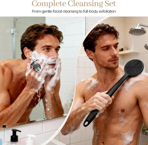 Miniatura 2 de Depurador de espalda para ducha y limpiador facial, juego de 2 cepillos exfoliantes de silicona con mango largo de 17 pulgadas, limpiador suave