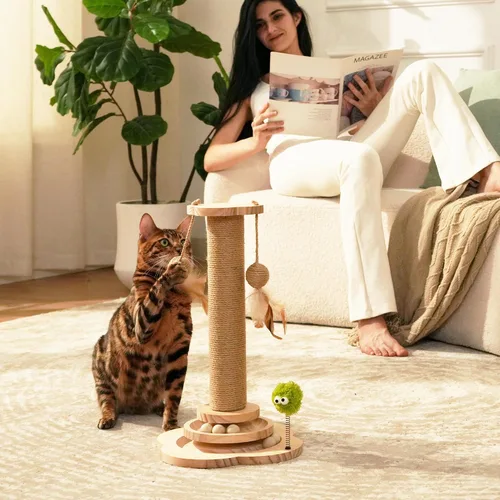 Miniatura 8 de TINYBEAST Poste rascador de madera para gatos, juguete rascador de gato 4 en 1 con pistas de bolas para gatos, poste rascador de sisal de 18