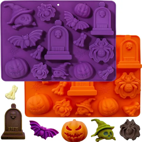 Miniatura 8 de VICDUEKG Molde de chocolate de Halloween, 2 piezas de molde de silicona para hornear de Halloween, calabaza, murciélago, calavera, molde de silicona