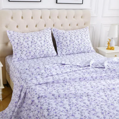 Miniatura 83 de Viviland Juego de sábanas de 3 piezas con estampado botánico de mariposas y flores rosas y moradas, sábanas de microfibra suave y transpirable