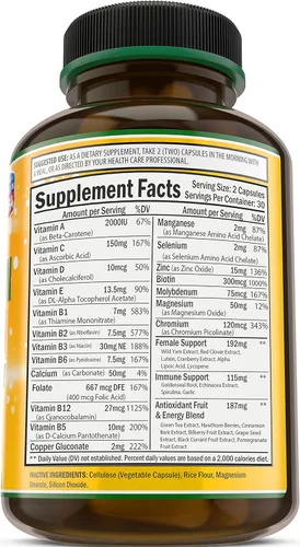 Miniatura 5 de Suplemento multivitamínico para mujer. Complejo de vitaminas A, C, D, E y vitamina B. Apoyo inmunológico y femenino + antioxidantes y energizantes