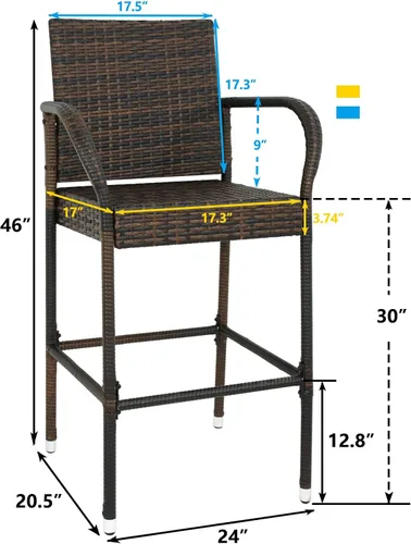 Miniatura 3 de LEMY Taburetes de bar para exteriores, juego de 2 sillas de mimbre para patio, muebles de ratán para interiores con reposabrazos para jardín