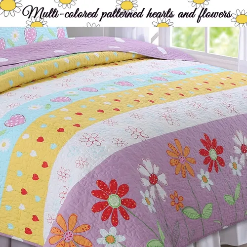 Miniatura 5 de Cozy Line Home Fashions Playful Girl Fun Heart Floral Kids Juego de ropa de cama de 2 piezas multicolor morado, rosa, amarillo, azul, poliéster a