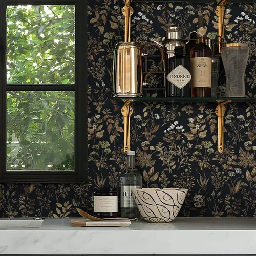 Miniatura 3 de Dimoon Papel Tapiz de 78.7"x17.3" para Despegar y Pegar Papel de Contacto Negro/Dorado Floral Papel Tapiz Floral Oscuro Papel de Pared Removible