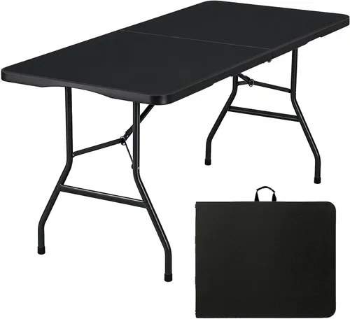 Lakhow Mesa plegable de plástico portátil resistente de 6 pies, plegable por la mitad, mesa plegable para interiores y exteriores con fiestas, Negro