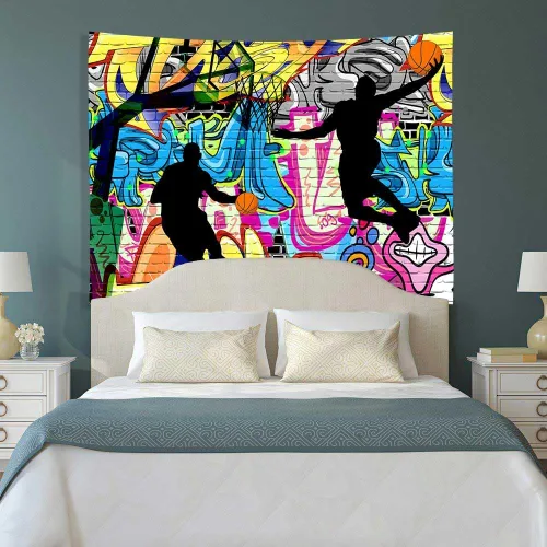 Miniatura 4 de Ine Ive Tapiz deportivo de baloncesto con graffiti nostálgico, póster de pared de arte callejero de 40 x 30 pulgadas para niños, silueta de tiro