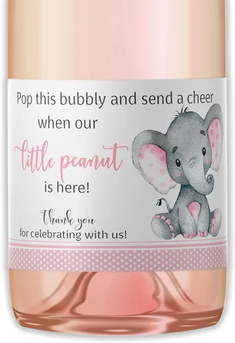 Juego de 18 mini etiquetas para botellas de champán para regalos de baby shower de niña, elefante de maní rosa, rociador de bebé, revelación de