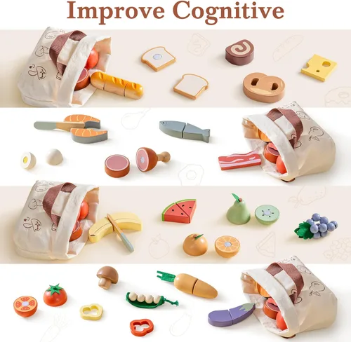 Miniatura 4 de ROBOTIME Juego de comida de madera 4 en 1, juego de juguete de simulación para jugar cocina con bolsa de compras, accesorios de cocina para niños