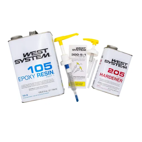 WEST SYSTEM Paquete de resina epoxi 105B (126.6 onzas líquidas) con endurecedor epoxi rápido 205B (27.5 fl oz) y 300 mini bombas de medición epoxi