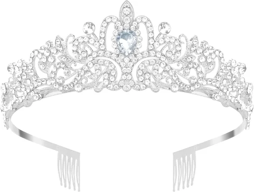 Miniatura 9 de Tiaras plateadas de cristal para mujer, diadema de diamantes de imitación para niña, corona de princesa con peines, elegantes decoraciones