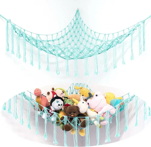 Miniatura 9 de Hamaca Esquinera para Animales de Peluche, Red Grande de Juguetes de Peluche Tejida a Mano con Anillos de Madera Almacenamiento Boho Lindo