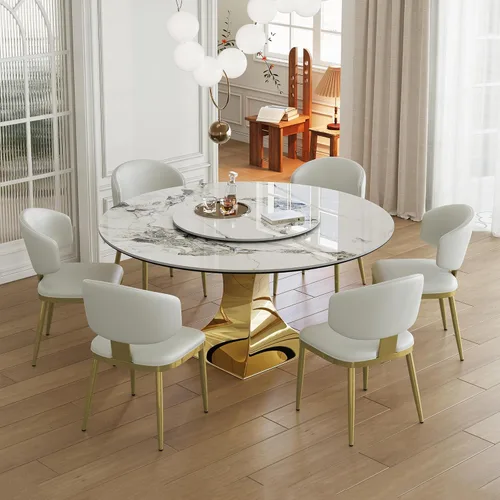 Miniatura 17 de Mesa de comedor redonda, mesa de comedor de piedra sinterizada blanca, base moderna de acero inoxidable sólido