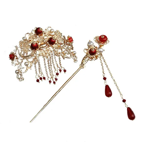 Horquillas vintage dorado rojo palillos Hanfu larga borla horquillas de pelo hechas a mano horquillas peine conjunto chino tradicional