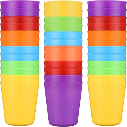 Eccliy 36 vasos para niños a granel, vasos de plástico de 8 onzas, irrompibles, reutilizables, apilables, 6 vasos de colores surtidos para niños