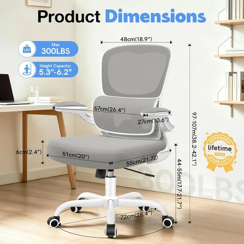 Miniatura 2 de ALLGOD Silla de oficina ergonómica, silla de escritorio ergonómica de malla transpirable con soporte lumbar ajustable, reposabrazos abatibles