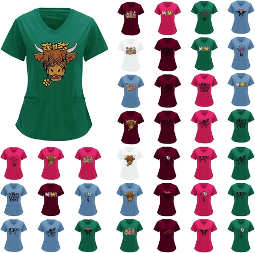 Miniatura 2 de Blusa de uniforme de trabajo con cuello en V para mujer, cómoda, estampado de vaca, de las tierras altas, manga corta, con bolsillo