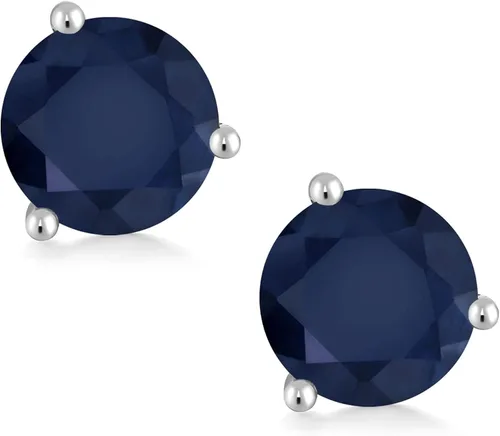 Miniatura 2 de Gem Stone King Aretes de tuerca de oro blanco de 18 quilates con zafiro azul de 3 puntas Martini con rosca trasera para mujer