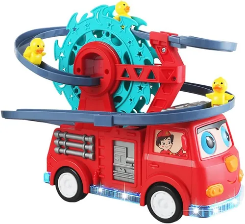Juguete deslizante de motor de bomberos 2 en 1 para niños – Juego interactivo para niños pequeños con música, luces, pista de carreras y noria –