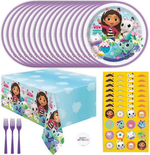 Gabby - Decoraciones de fiesta de casa de muñecas – 16 platos, servilletas, cubierta de mesa, tenedores, calcomanías, decoraciones de cumpleaños de