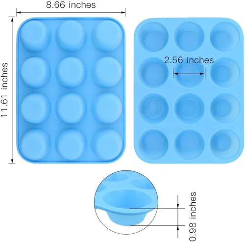 Miniatura 2 de homEdge Molde de silicona para magdalenas de 12 tazas, paquete de 2 moldes antiadherentes para magdalenas, tartas, bocados de huevo, color azul