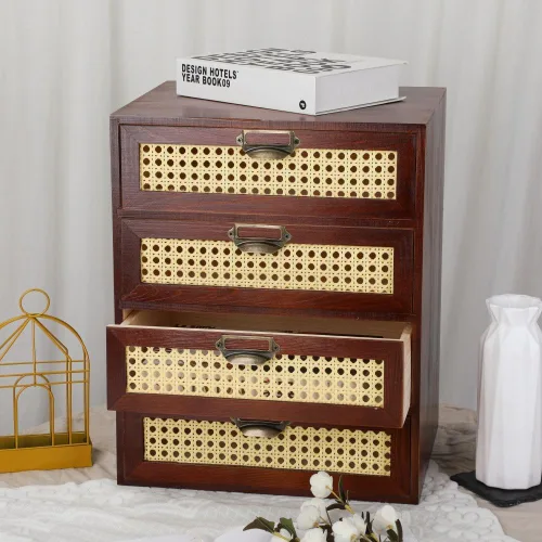 Miniatura 4 de GoooodGift Caja de almacenamiento grande de madera con cajones (gabinete boboticario, marco de ratán, marrón)