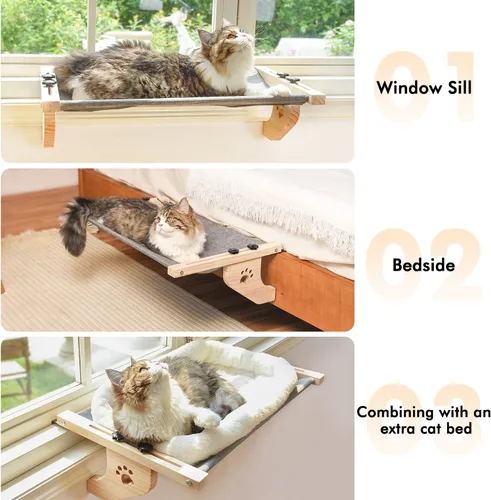 Miniatura 6 de AMOSIJOY Percha de Ventana para Gatos Hamaca de Ventana para Gatos con Marco de Madera y Metal para Gatos Grandes, Fácil de Ajustar Cama de Gato Gris