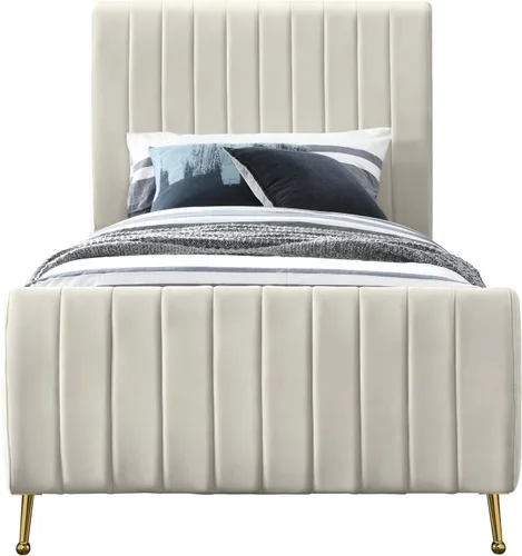 Miniatura 4 de Meridian Furniture Colección moderna Zara Cama tapizada de terciopelo contemporáneo con acolchonamiento de canal profundo y patas doradas a Crema