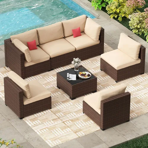 Miniatura 13 de LHBcraft Juego de muebles de patio de 7 piezas, seccionales para exteriores, tejido manual para todo tipo de clima, sofá seccional de mimbre de Ye-bk