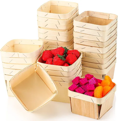 Unittype 30 cestas de madera de madera de una pinta de frutas y bayas a granel de 4 x 4 x 2.5 pulgadas, cajas pequeñas cuadradas ventiladas para